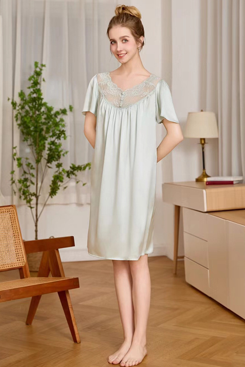 19 Momme Loose Heavy 100% Mulberry Silk Short Sleeve Nightgown Casual Loungewear Dress With Delicate Lace Trim