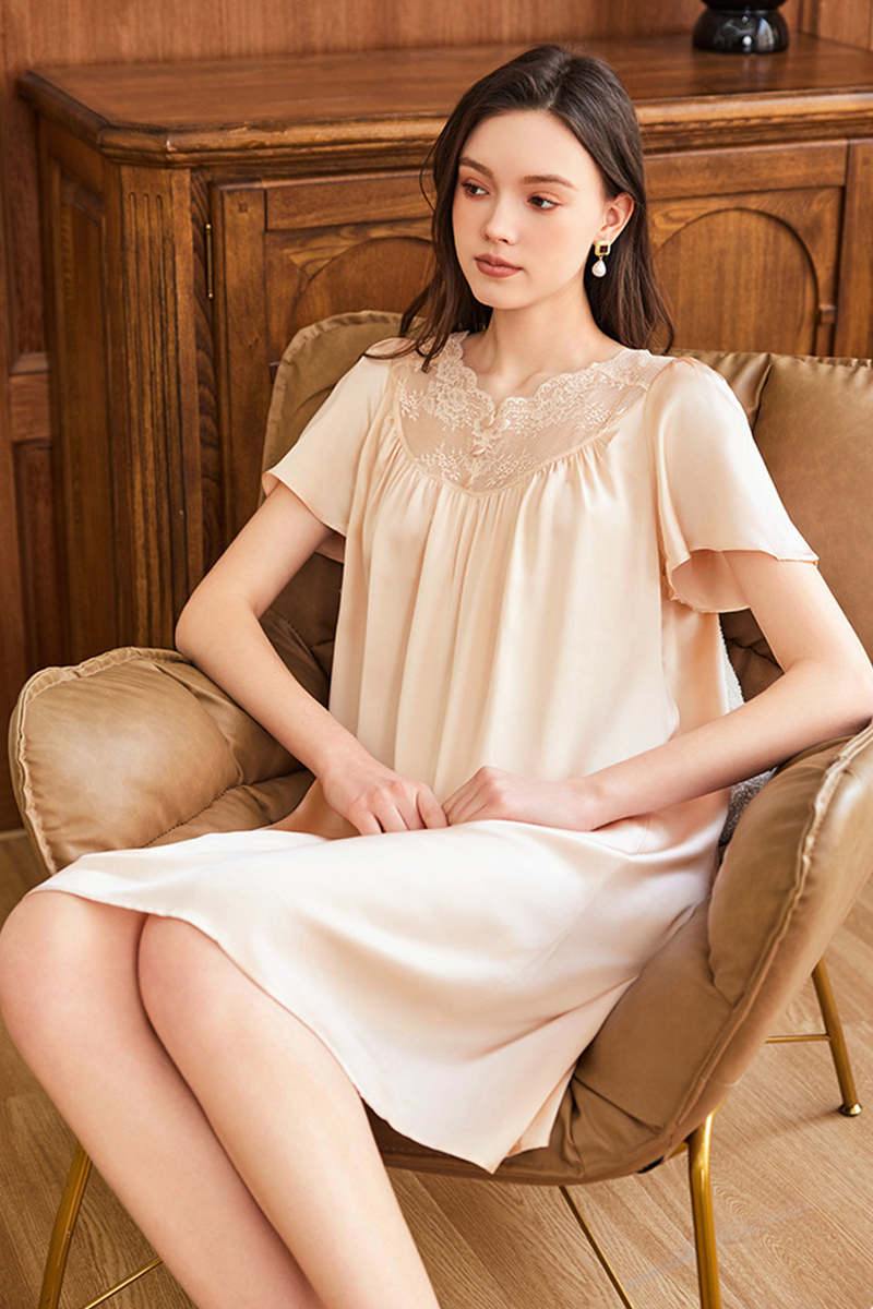 19 Momme Loose Heavy 100% Mulberry Silk Short Sleeve Nightgown Casual Loungewear Dress With Delicate Lace Trim