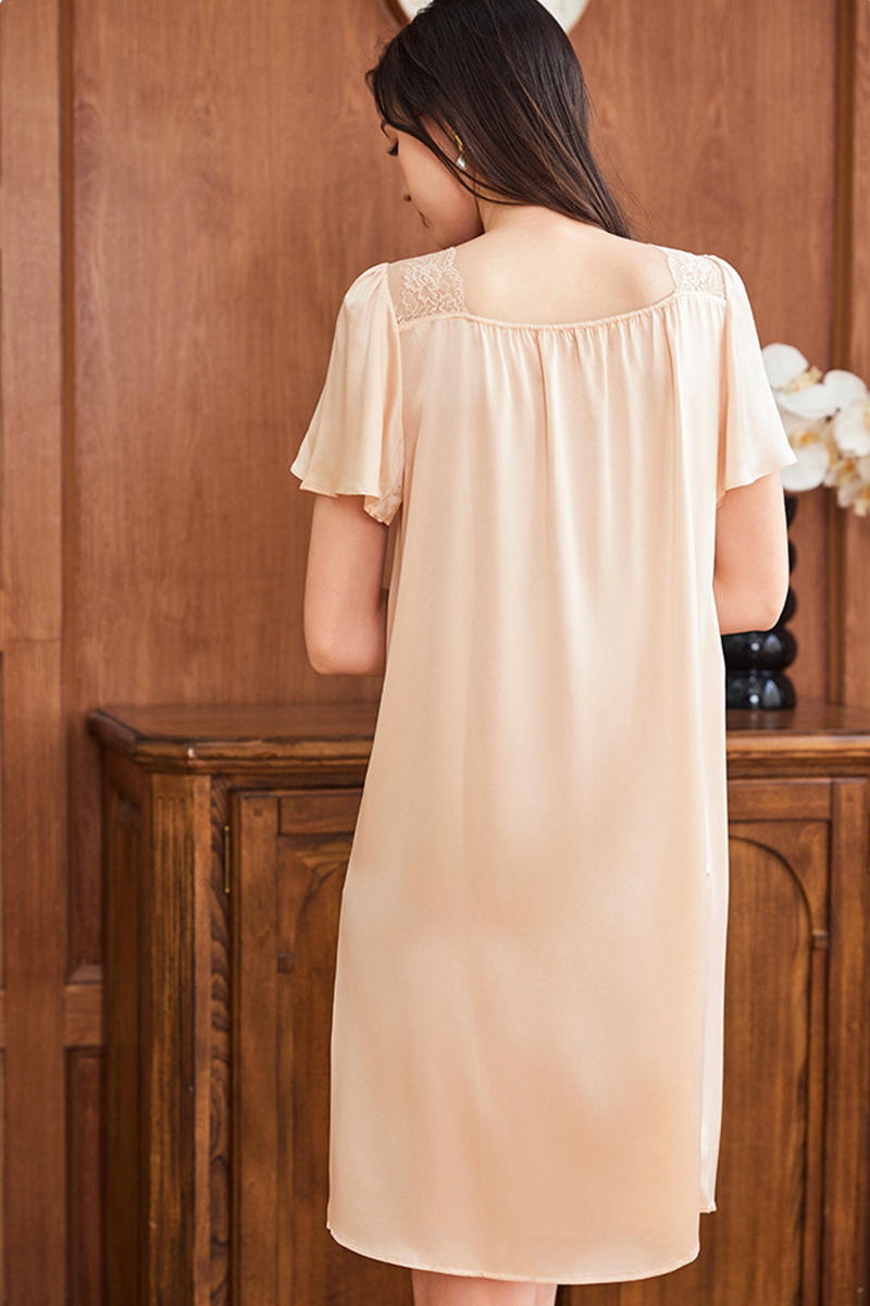 19 Momme Loose Heavy 100% Mulberry Silk Short Sleeve Nightgown Casual Loungewear Dress With Delicate Lace Trim