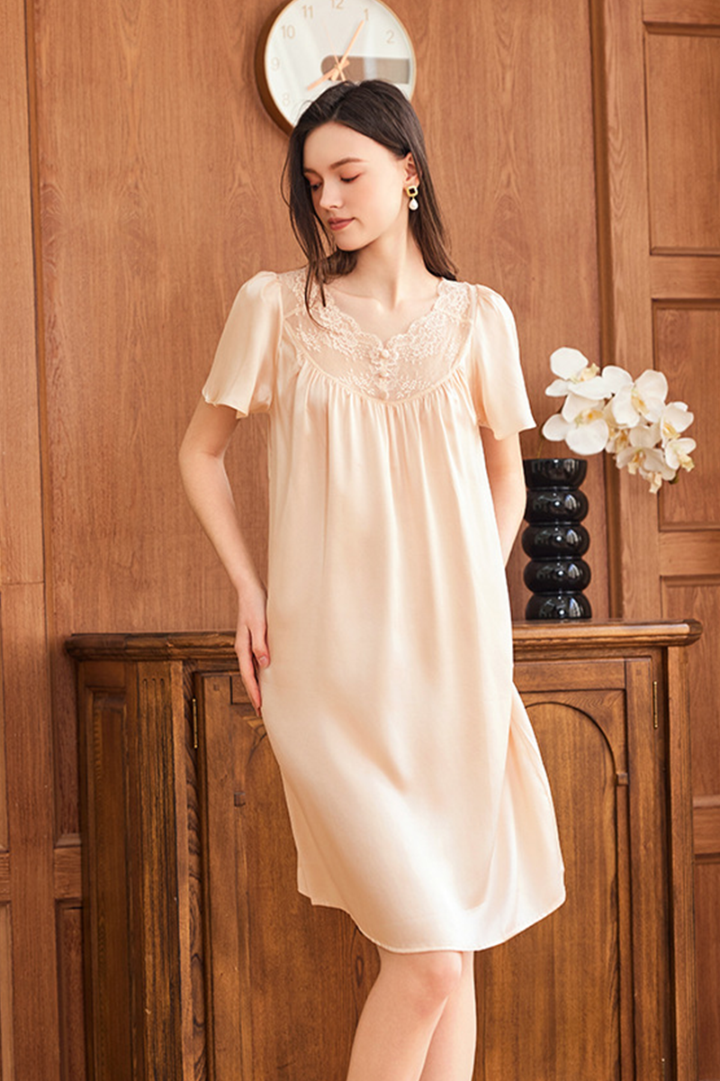 19 Momme Loose Heavy 100% Mulberry Silk Short Sleeve Nightgown Casual Loungewear Dress With Delicate Lace Trim