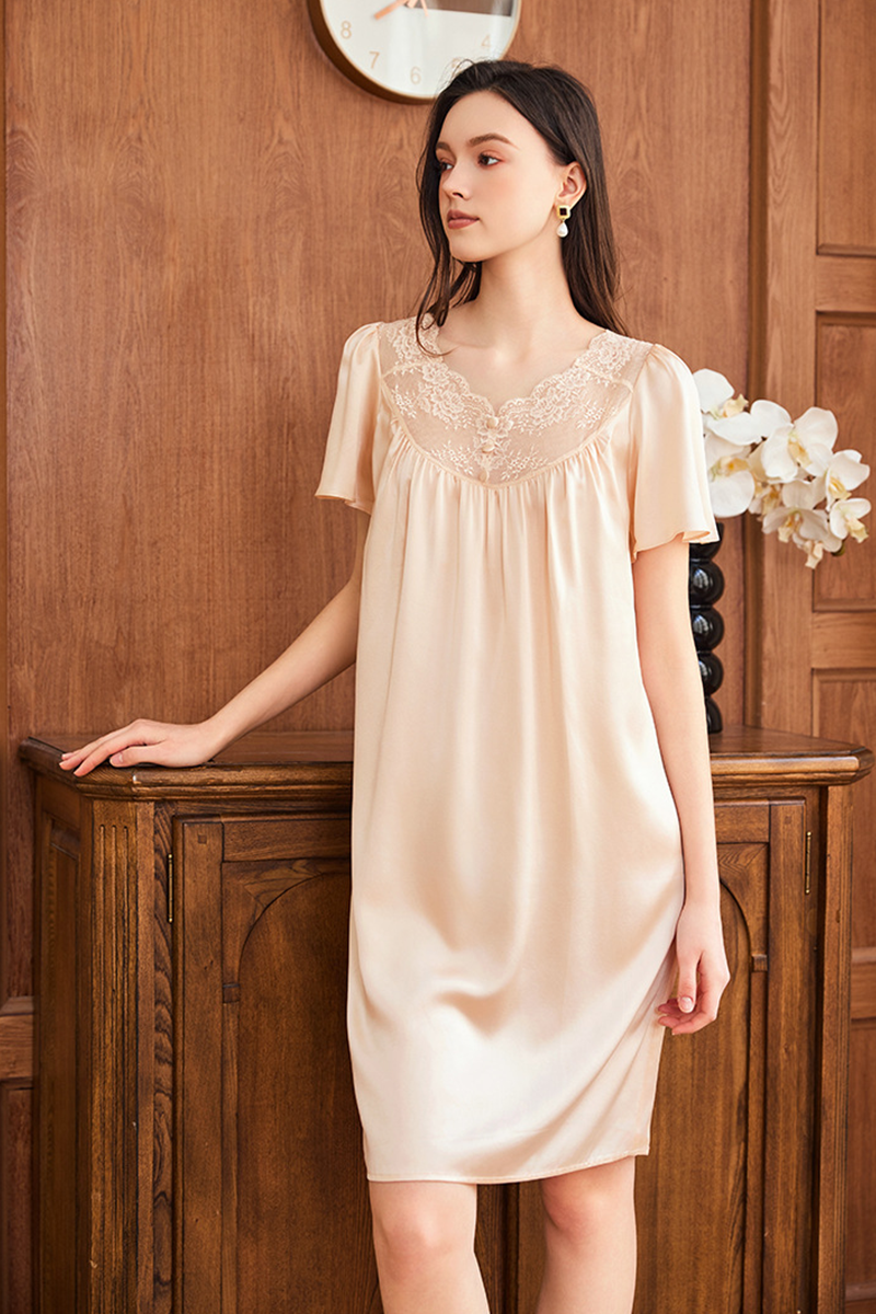 19 Momme Loose Heavy 100% Mulberry Silk Short Sleeve Nightgown Casual Loungewear Dress With Delicate Lace Trim