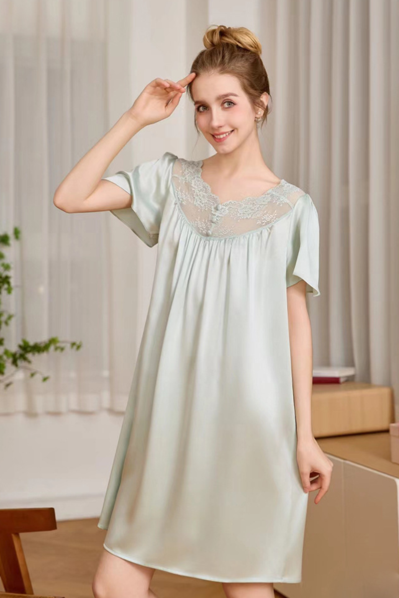 19 Momme Loose Heavy 100% Mulberry Silk Short Sleeve Nightgown Casual Loungewear Dress With Delicate Lace Trim