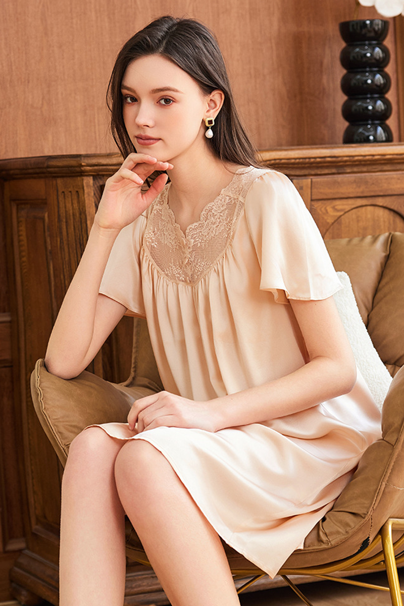 19 Momme Loose Heavy 100% Mulberry Silk Short Sleeve Nightgown Casual Loungewear Dress With Delicate Lace Trim