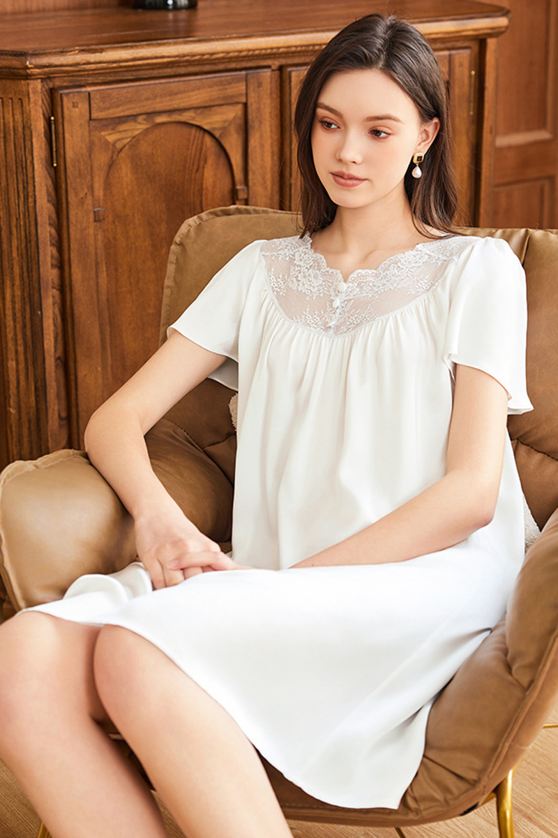 19 Momme Loose Heavy 100% Mulberry Silk Short Sleeve Nightgown Casual Loungewear Dress With Delicate Lace Trim