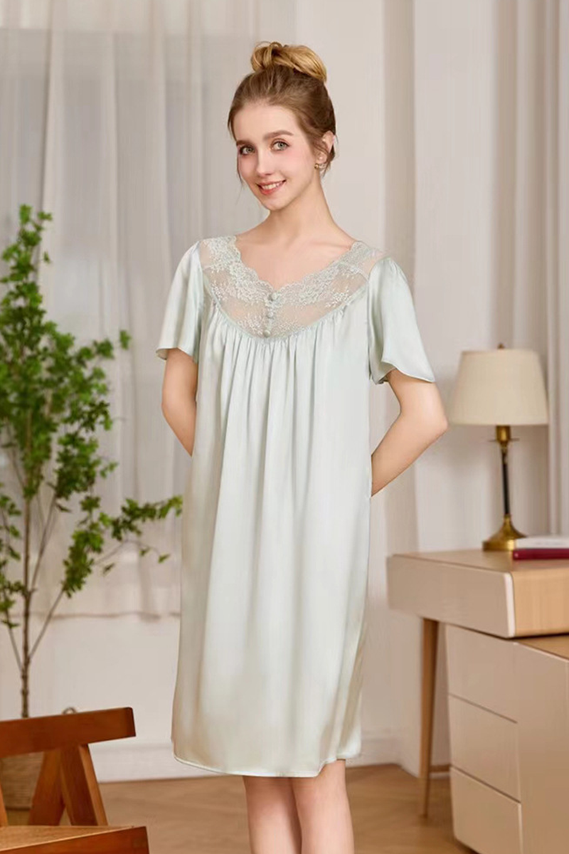 19 Momme Loose Heavy 100% Mulberry Silk Short Sleeve Nightgown Casual Loungewear Dress With Delicate Lace Trim