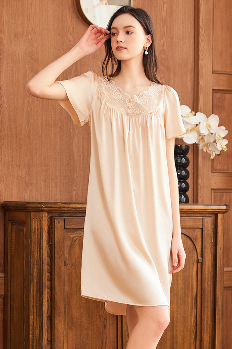 19 Momme Loose Heavy 100% Mulberry Silk Short Sleeve Nightgown Casual Loungewear Dress With Delicate Lace Trim