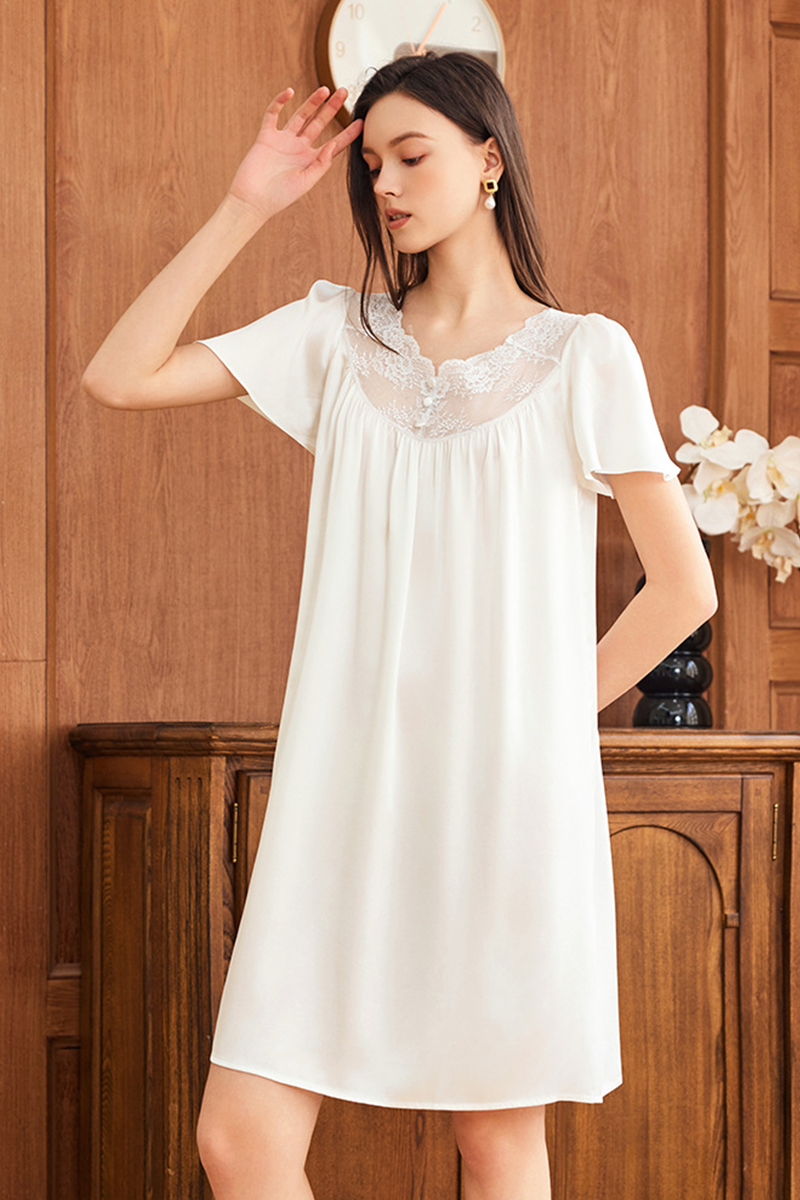19 Momme Loose Heavy 100% Mulberry Silk Short Sleeve Nightgown Casual Loungewear Dress With Delicate Lace Trim