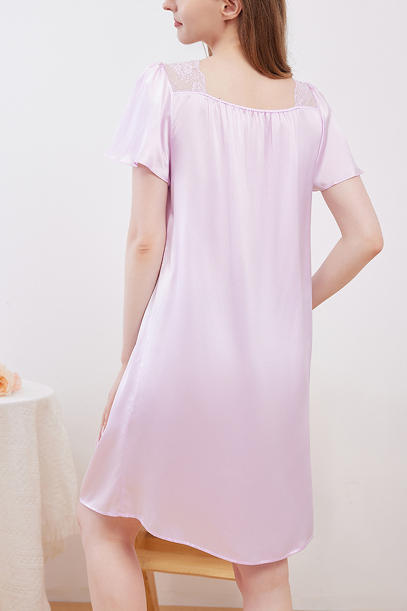 19 Momme Loose Heavy 100% Mulberry Silk Short Sleeve Nightgown Casual Loungewear Dress With Delicate Lace Trim