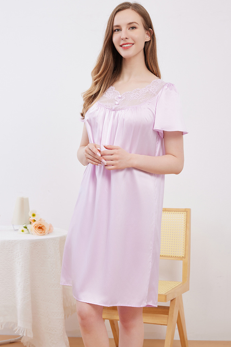 19 Momme Loose Heavy 100% Mulberry Silk Short Sleeve Nightgown Casual Loungewear Dress With Delicate Lace Trim