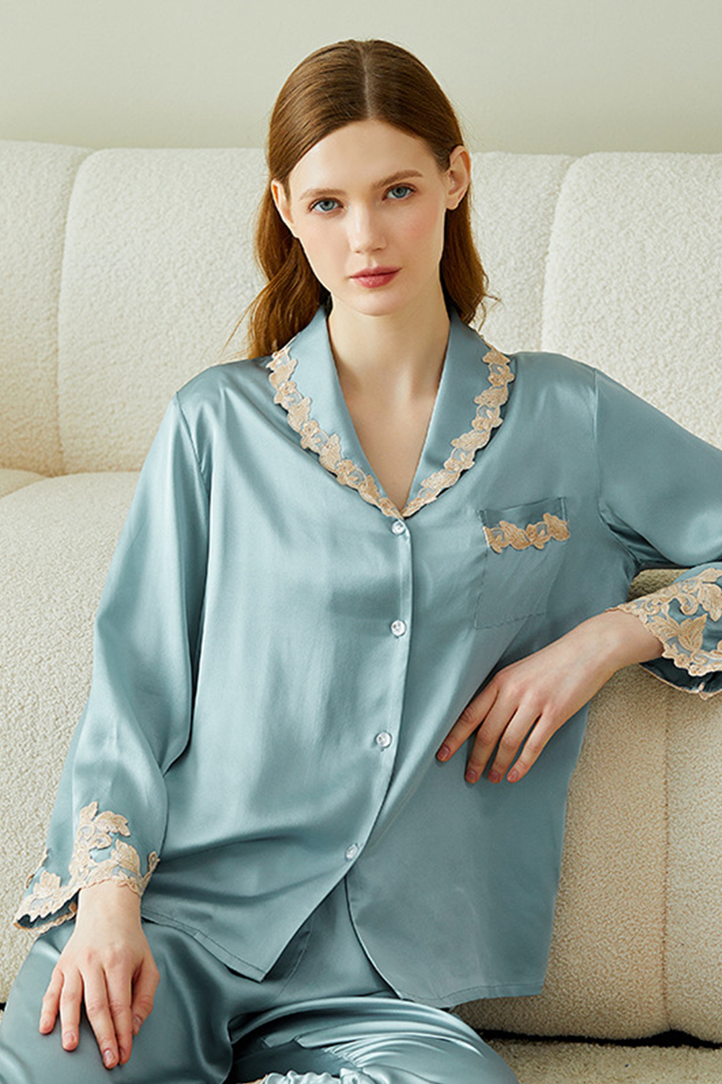 100% Mulberry Silk Long Sleeve Pajama Set Comfort Elegant Loungewear with Embroidery & Lace Trim
