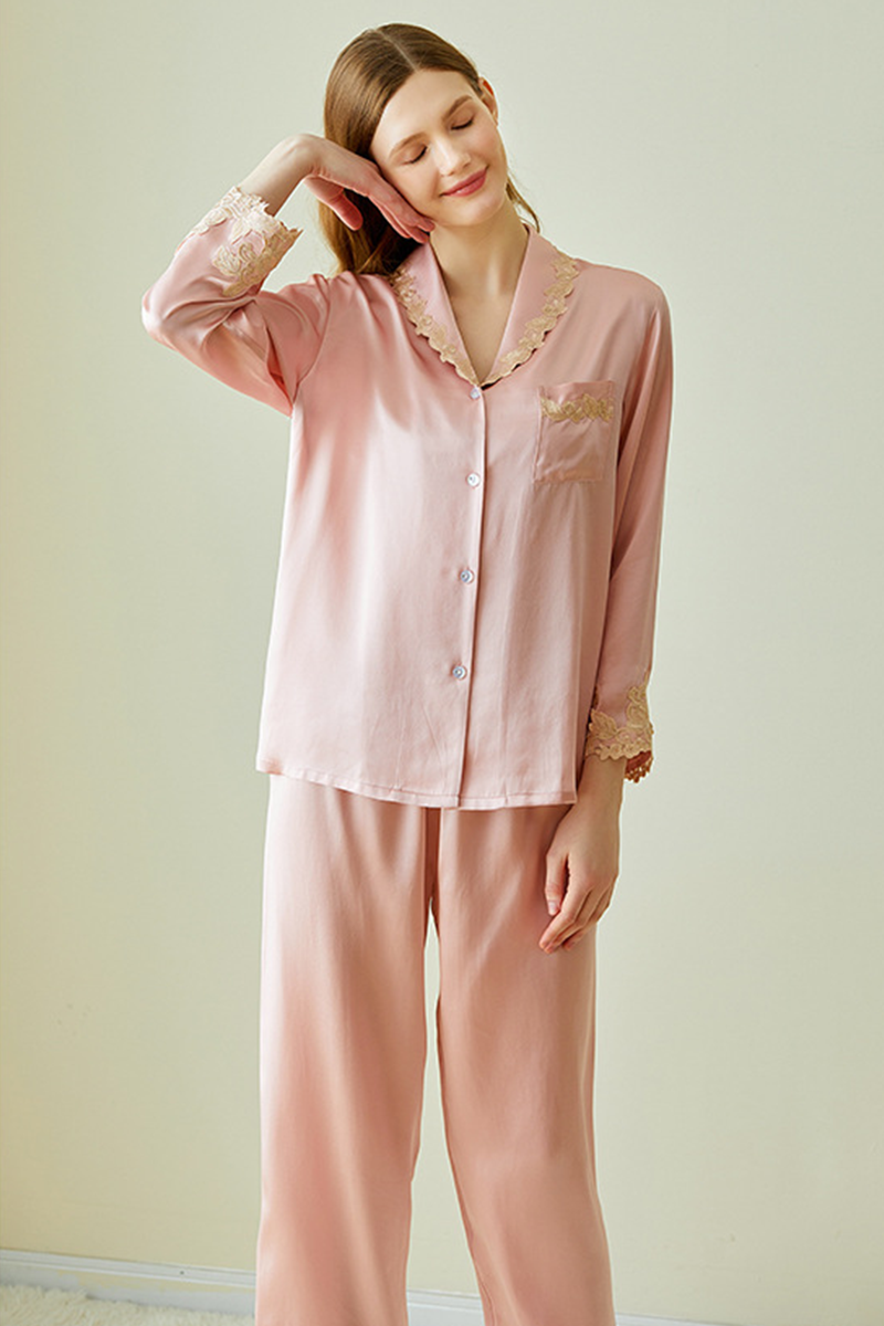 100% Mulberry Silk Long Sleeve Pajama Set Comfort Elegant Loungewear with Embroidery & Lace Trim