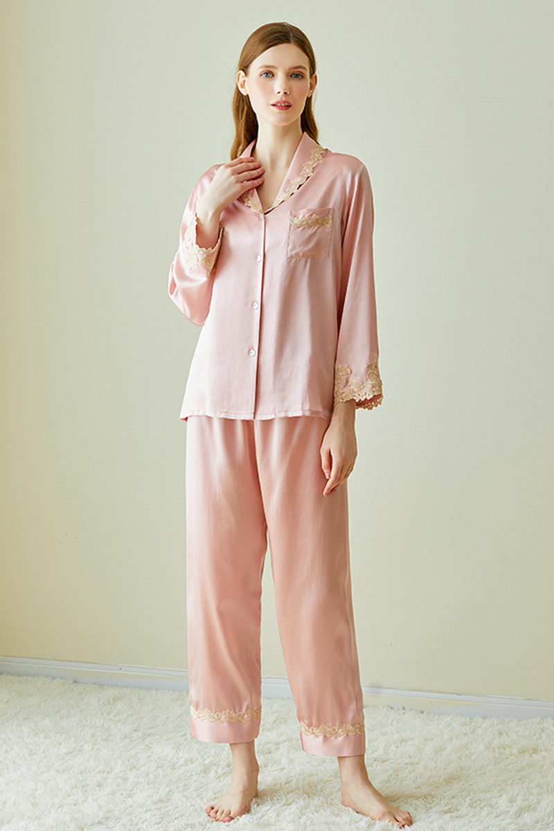 100% Mulberry Silk Long Sleeve Pajama Set Comfort Elegant Loungewear with Embroidery & Lace Trim