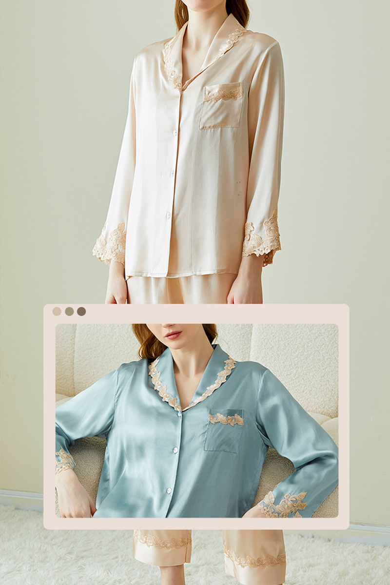 100% Mulberry Silk Long Sleeve Pajama Set Comfort Elegant Loungewear with Embroidery & Lace Trim