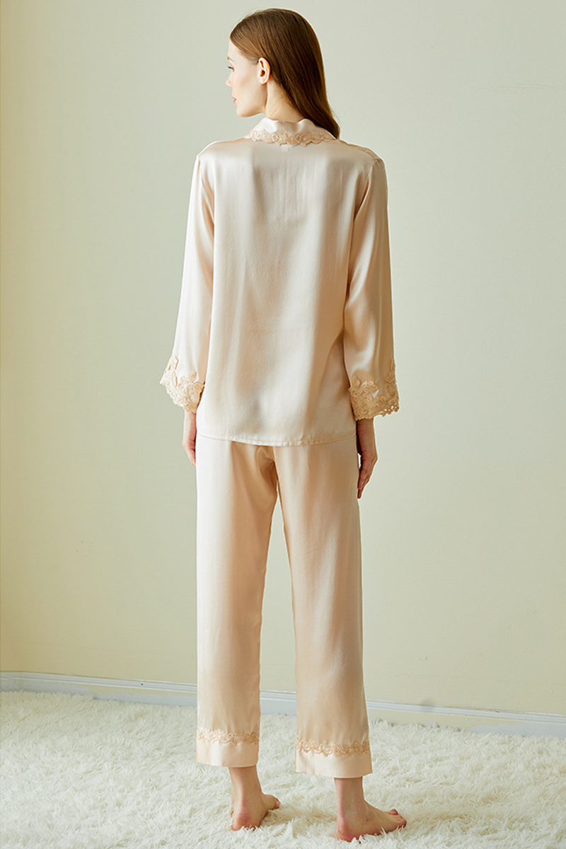 100% Mulberry Silk Long Sleeve Pajama Set Comfort Elegant Loungewear with Embroidery & Lace Trim