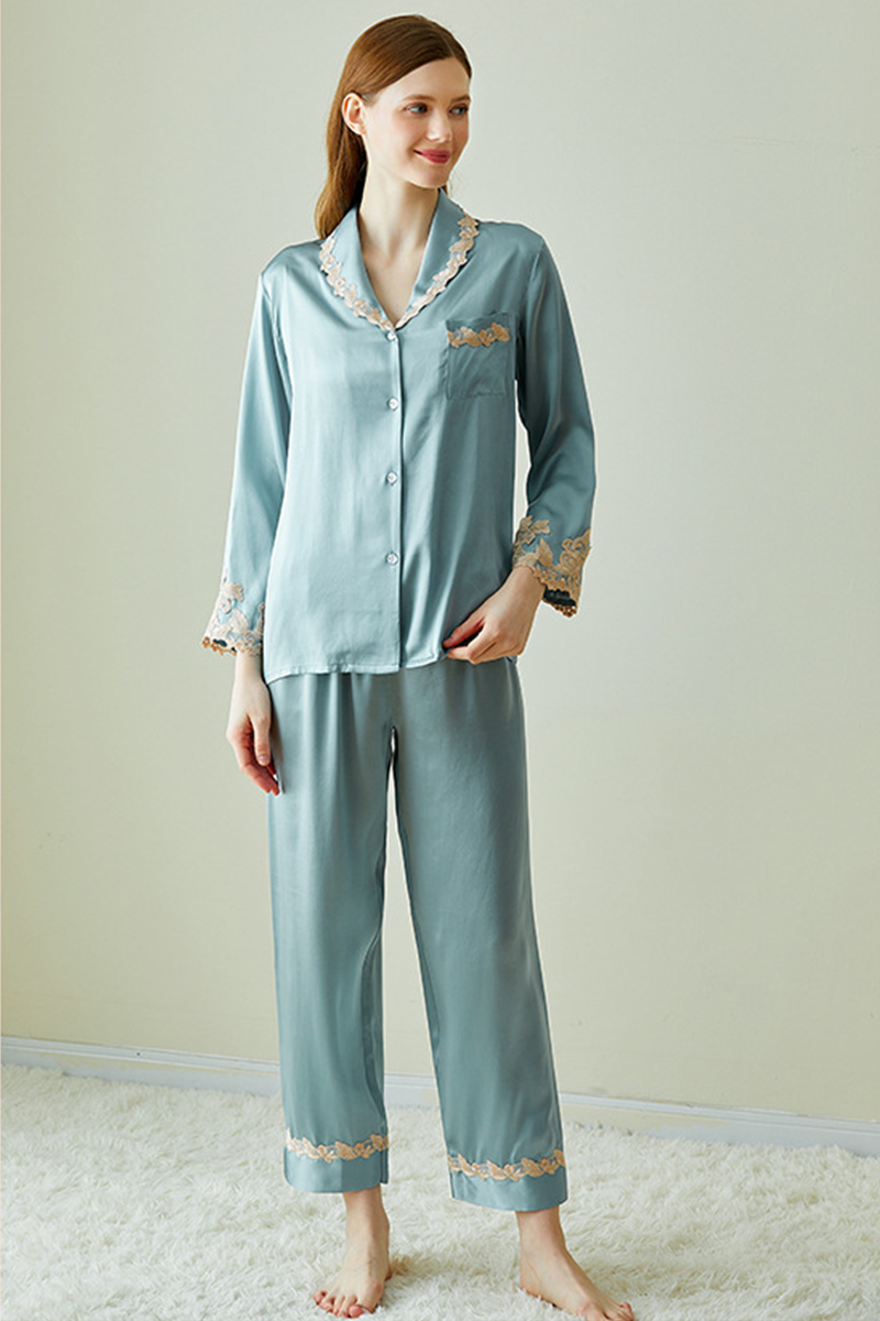 100% Mulberry Silk Long Sleeve Pajama Set Comfort Elegant Loungewear with Embroidery & Lace Trim