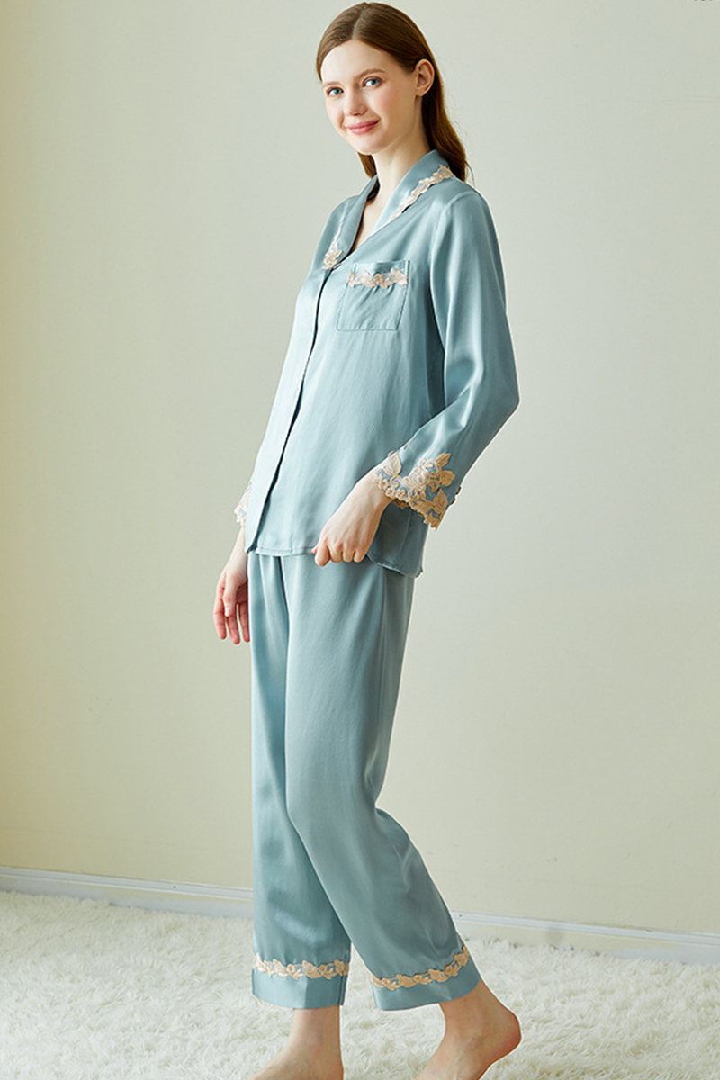 100% Mulberry Silk Long Sleeve Pajama Set Comfort Elegant Loungewear with Embroidery & Lace Trim