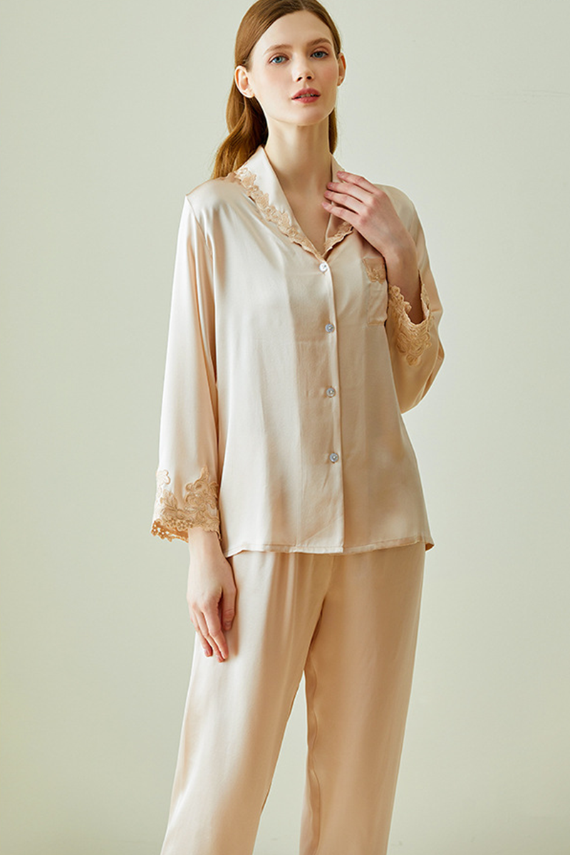 100% Mulberry Silk Long Sleeve Pajama Set Comfort Elegant Loungewear with Embroidery & Lace Trim