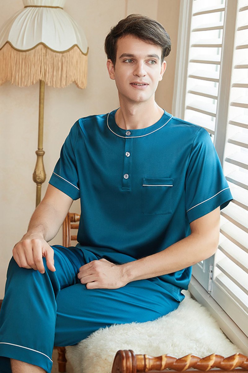 19mm Men's Heavy 90-95%Mulberry Silk Pajama Set Pullover Casual Short Sleeve & Long Pants Plus Size Loungewear