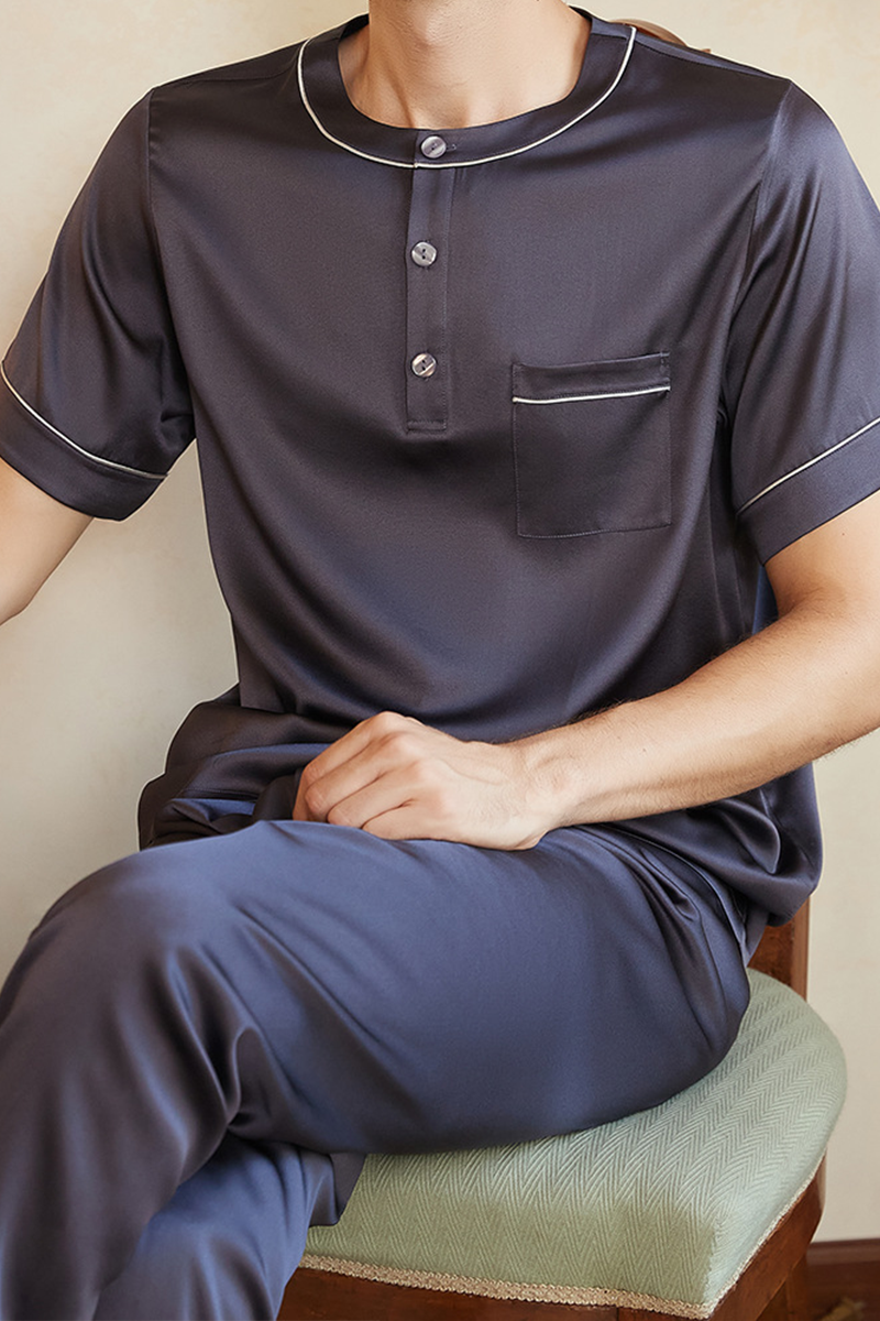 19mm Men's Heavy 90-95%Mulberry Silk Pajama Set Pullover Casual Short Sleeve & Long Pants Plus Size Loungewear