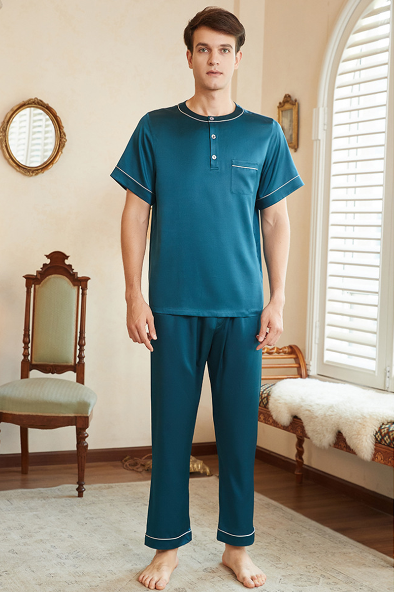 19mm Men's Heavy 90-95%Mulberry Silk Pajama Set Pullover Casual Short Sleeve & Long Pants Plus Size Loungewear