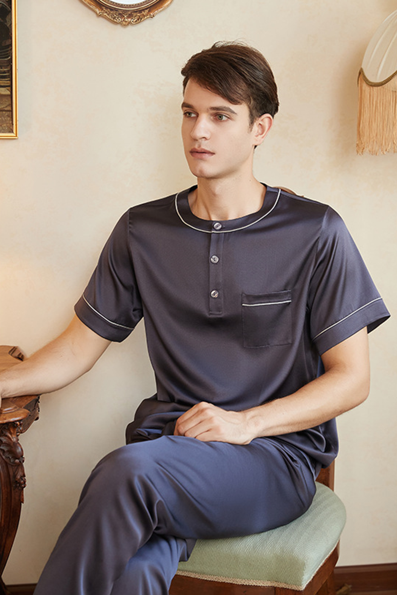 19mm Men's Heavy 90-95%Mulberry Silk Pajama Set Pullover Casual Short Sleeve & Long Pants Plus Size Loungewear