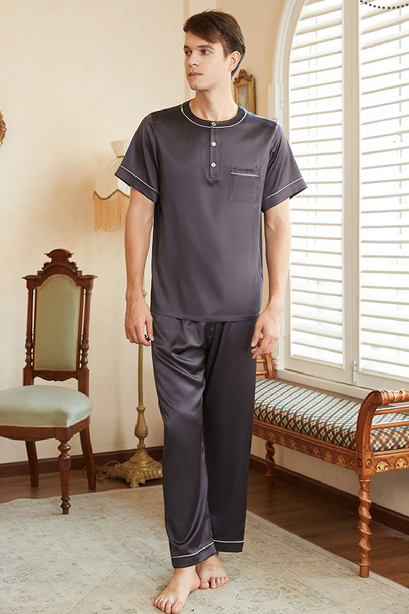 19mm Men's Heavy 90-95%Mulberry Silk Pajama Set Pullover Casual Short Sleeve & Long Pants Plus Size Loungewear