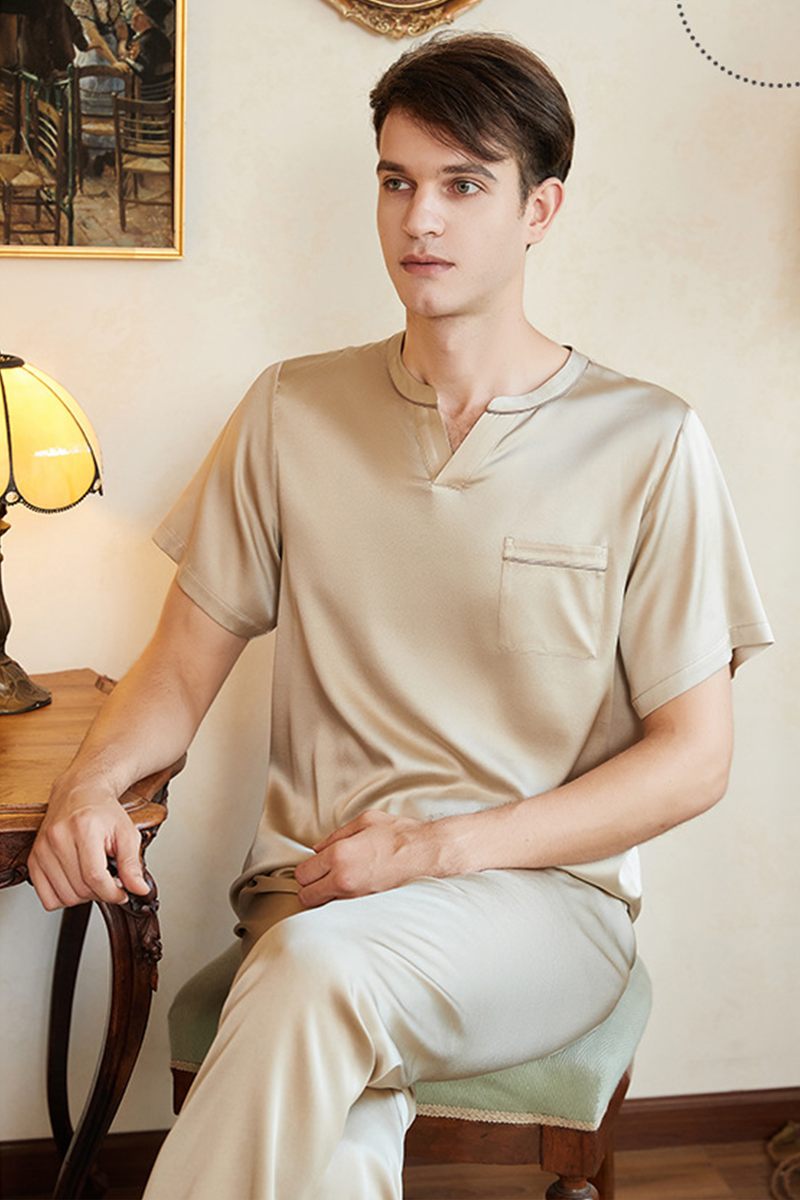 19mm Men's Heavy 90-95%Mulberry Silk Pajama Set Pullover Casual Short Sleeve & Long Pants Plus Size Loungewear