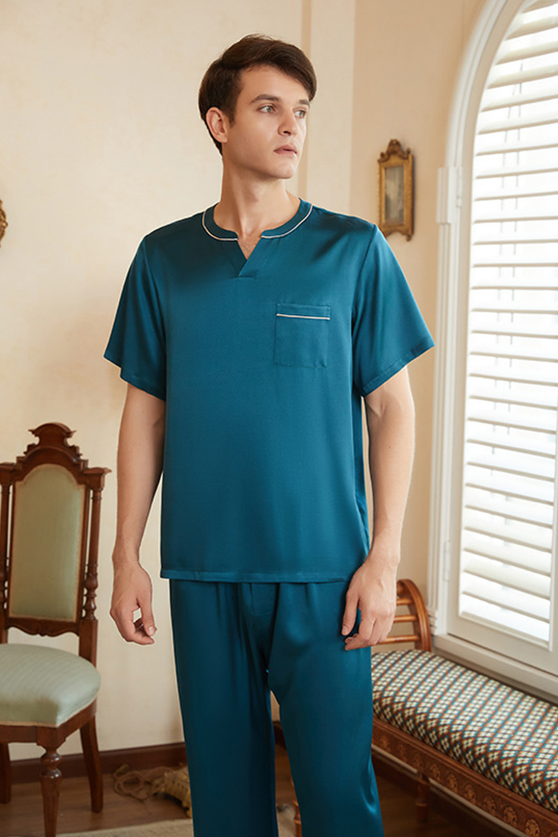 19mm Men's Heavy 90-95%Mulberry Silk Pajama Set Pullover Casual Short Sleeve & Long Pants Plus Size Loungewear