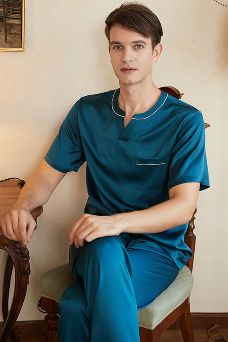 19mm Men's Heavy 90-95%Mulberry Silk Pajama Set Pullover Casual Short Sleeve & Long Pants Plus Size Loungewear