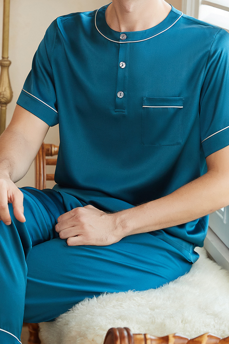 19mm Men's Heavy 90-95%Mulberry Silk Pajama Set Pullover Casual Short Sleeve & Long Pants Plus Size Loungewear