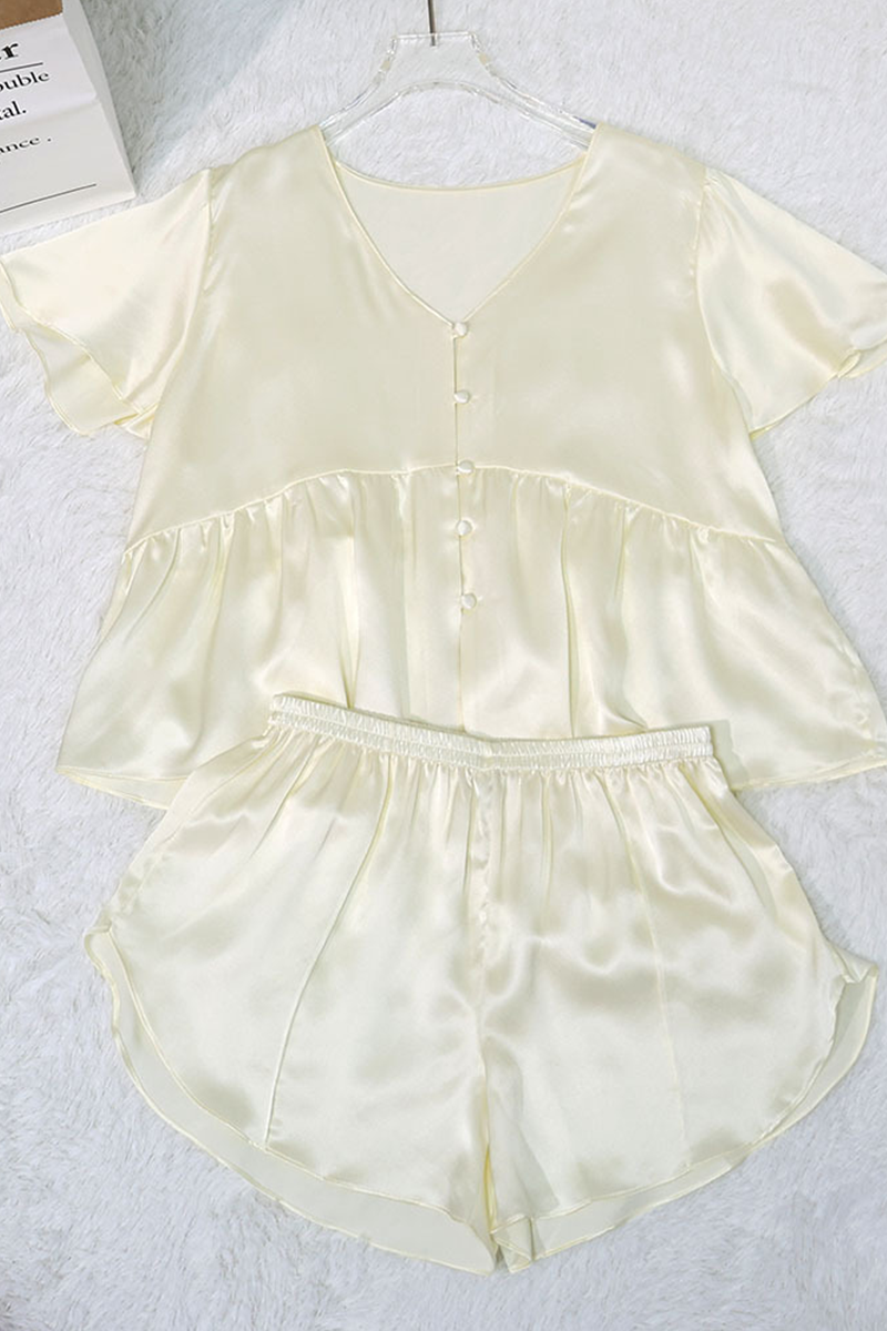 19mm Heavy 100% Mulberry Silk Open Front Pajama Set Loose Thin Short Sleeve Shorts Loungewear