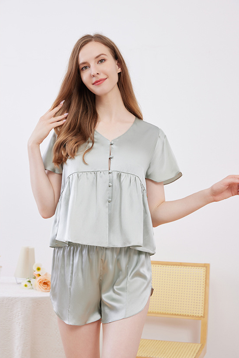 19mm Heavy 100% Mulberry Silk Open Front Pajama Set Loose Thin Short Sleeve Shorts Loungewear