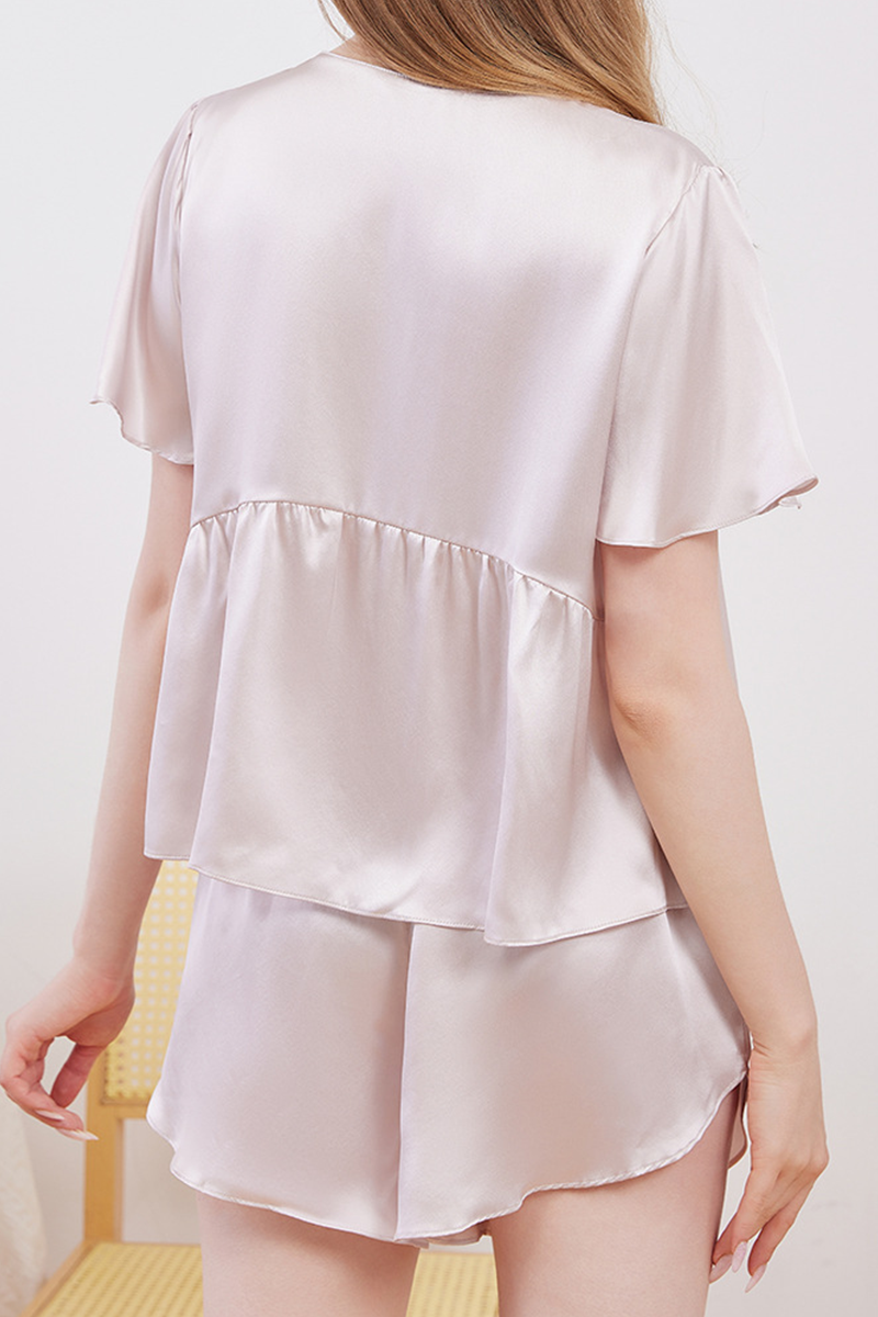 19mm Heavy 100% Mulberry Silk Open Front Pajama Set Loose Thin Short Sleeve Shorts Loungewear
