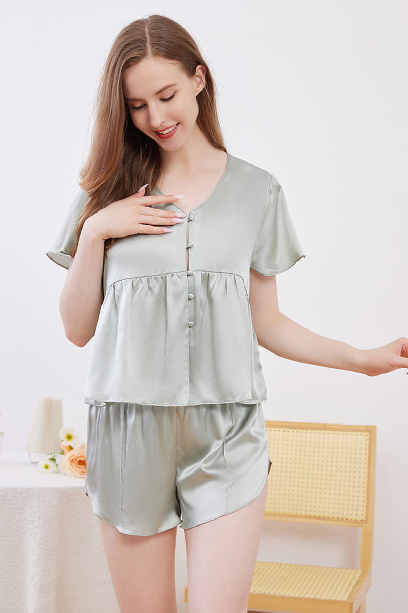 19mm Heavy 100% Mulberry Silk Open Front Pajama Set Loose Thin Short Sleeve Shorts Loungewear