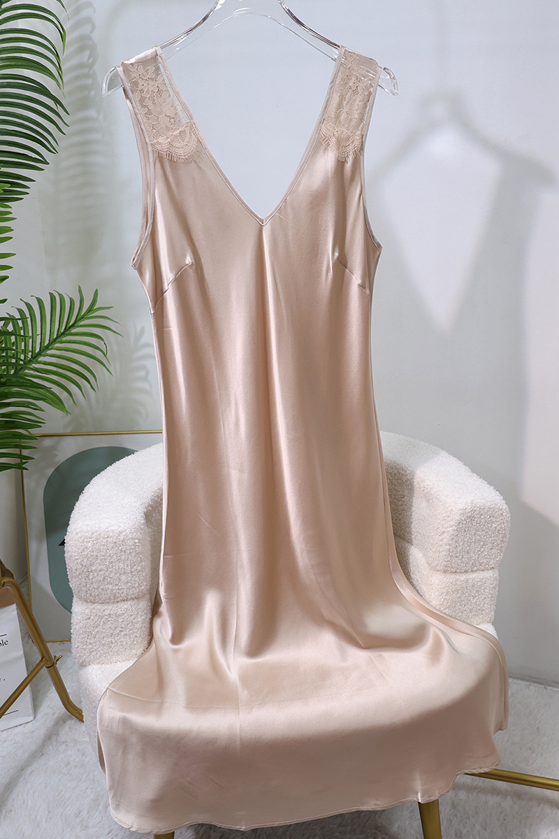 19mm Heavy 100% Mulberry Silk Tank Midi Nightgown Sleeveless Silky Dress Wearable Outside Loungewear
