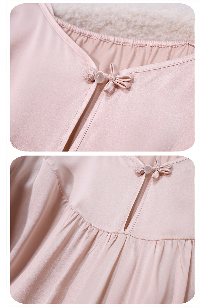 19mm Heavy 100% Mulberry Silk Nightgown Loose Solid Color Chinese Style Long Sleeve Dress