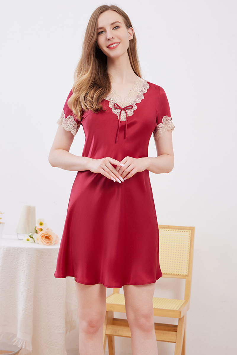 100% Mulberry Silk Short Sleeve Nightgown Sexy Lace Trim Soft Silky Comfort Loungewear Dress