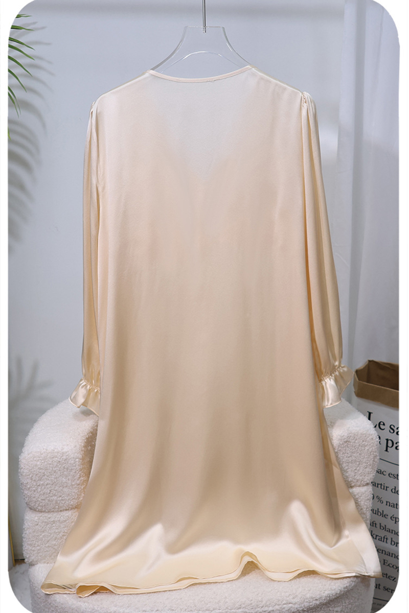 19mm Heavy 100% Mulberry Silk Long Sleeve Nightgown with Built-In Bra Pads Mild Sexy Home Slip Dress Loungewear
