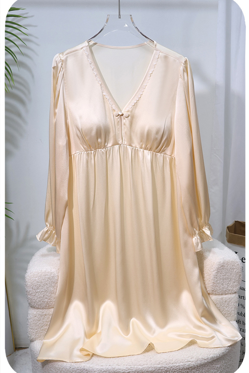 19mm Heavy 100% Mulberry Silk Long Sleeve Nightgown with Built-In Bra Pads Mild Sexy Home Slip Dress Loungewear