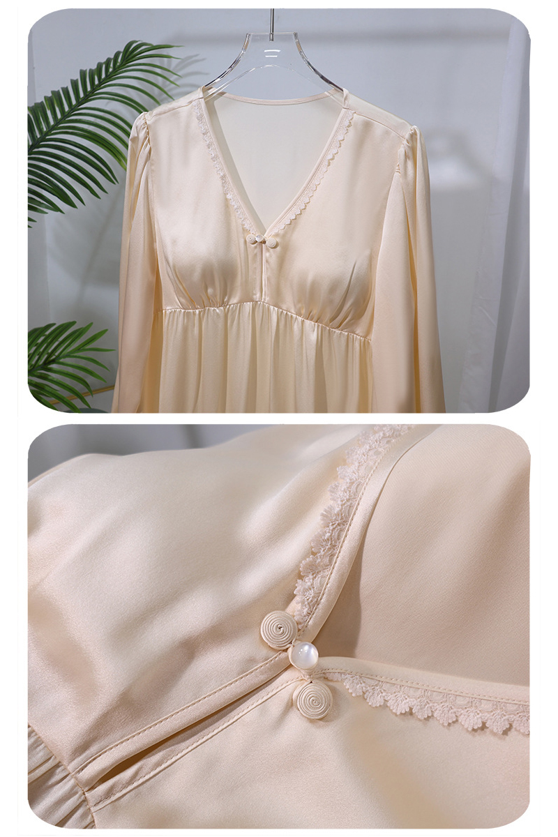19mm Heavy 100% Mulberry Silk Long Sleeve Nightgown with Built-In Bra Pads Mild Sexy Home Slip Dress Loungewear