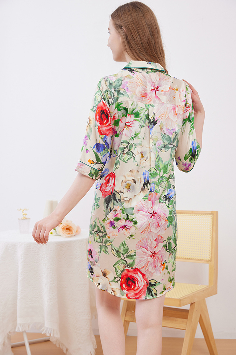 19mm Printed Heavy 93% Mulberry Silk Nightgown 3/4 Sleeve Nightshirt Style Loose Plus Size Loungewear Dress
