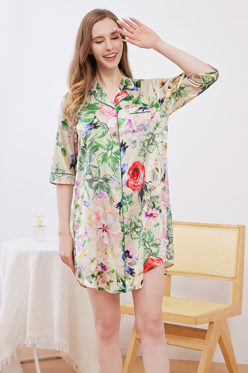 19mm Printed Heavy 93% Mulberry Silk Nightgown 3/4 Sleeve Nightshirt Style Loose Plus Size Loungewear Dress