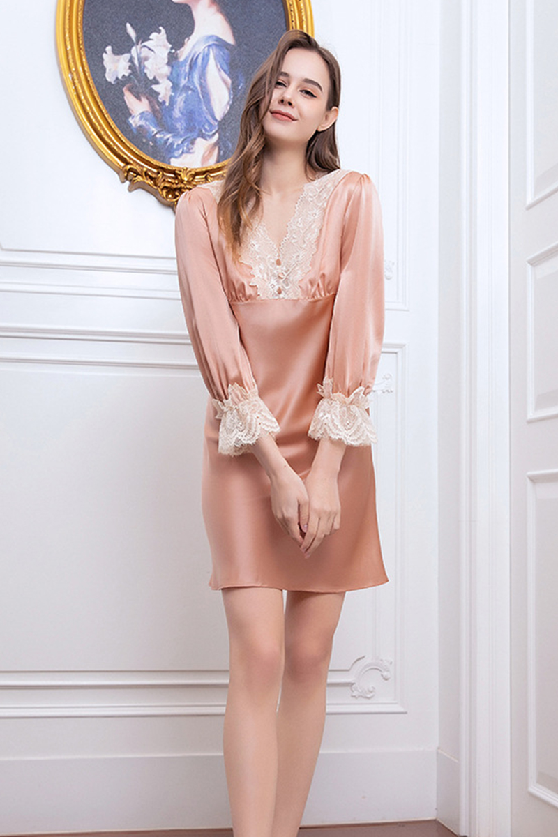 19mm Heavy 100% Mulberry Silk Nightgown Lace V-Neck Long Sleeve Midi Mini Dress Luxury Home Loungewear