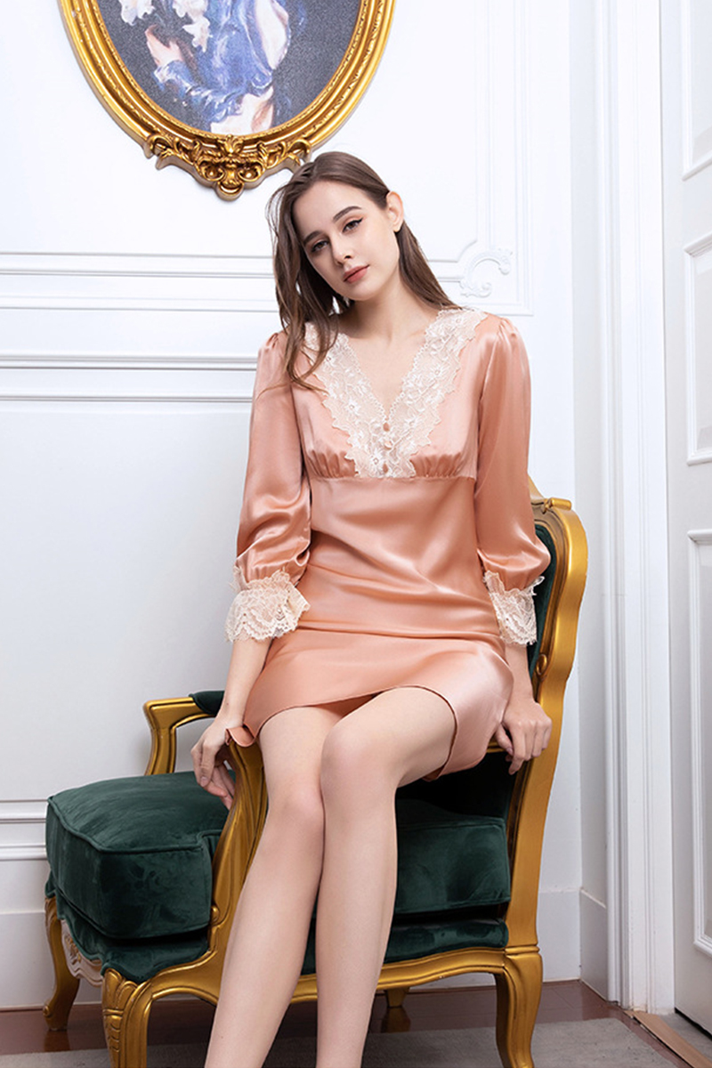 19mm Heavy 100% Mulberry Silk Nightgown Lace V-Neck Long Sleeve Midi Mini Dress Luxury Home Loungewear