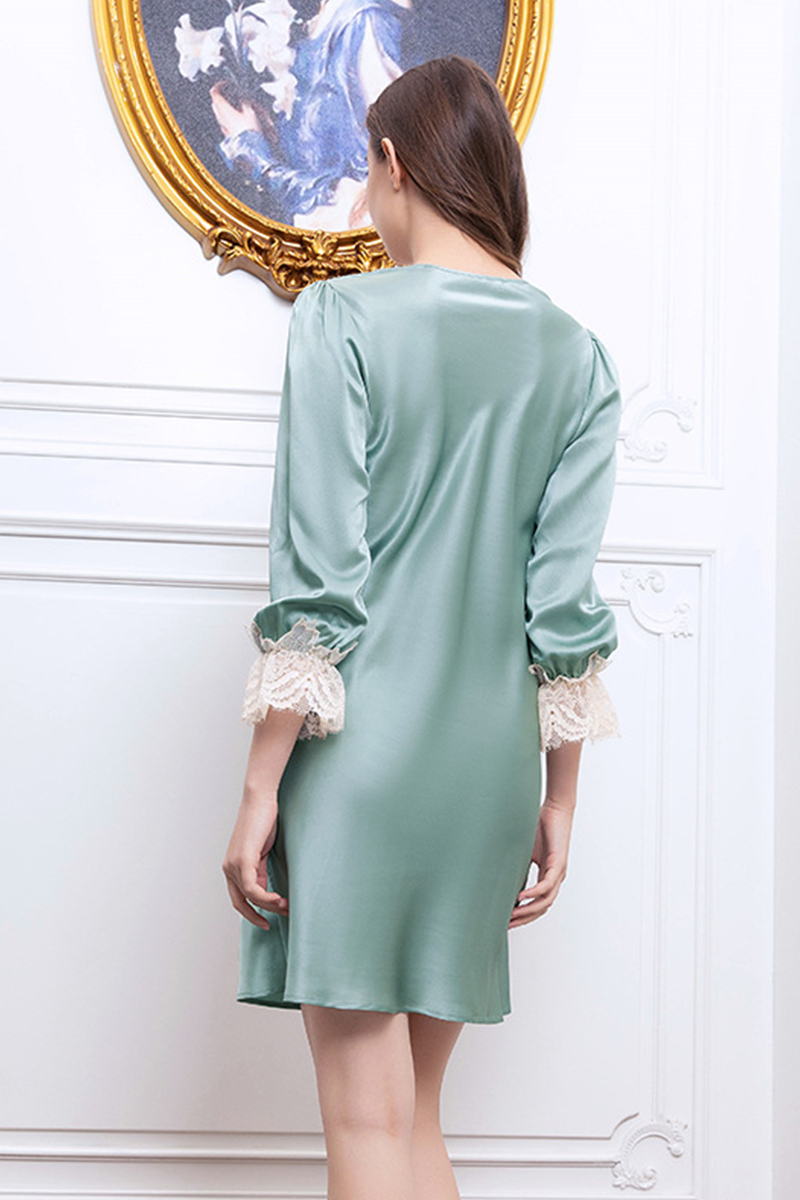 19mm Heavy 100% Mulberry Silk Nightgown Lace V-Neck Long Sleeve Midi Mini Dress Luxury Home Loungewear