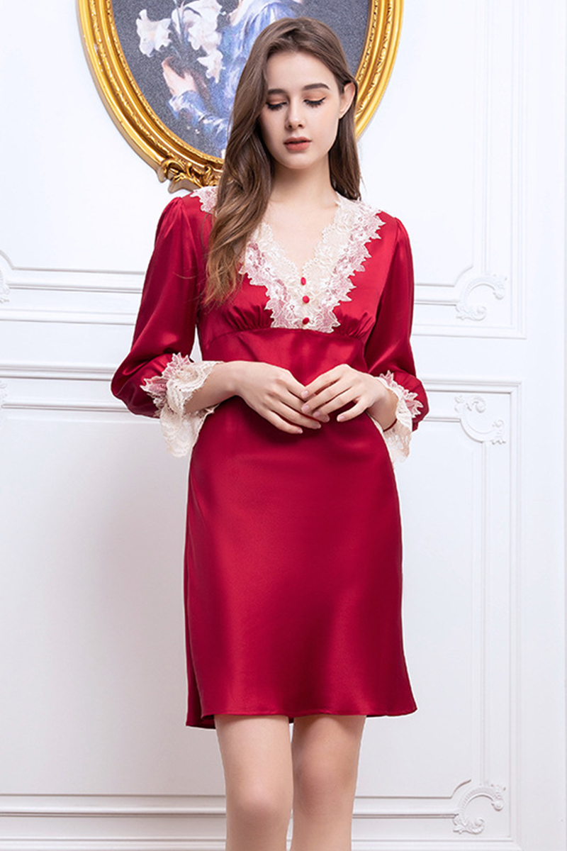 19mm Heavy 100% Mulberry Silk Nightgown Lace V-Neck Long Sleeve Midi Mini Dress Luxury Home Loungewear