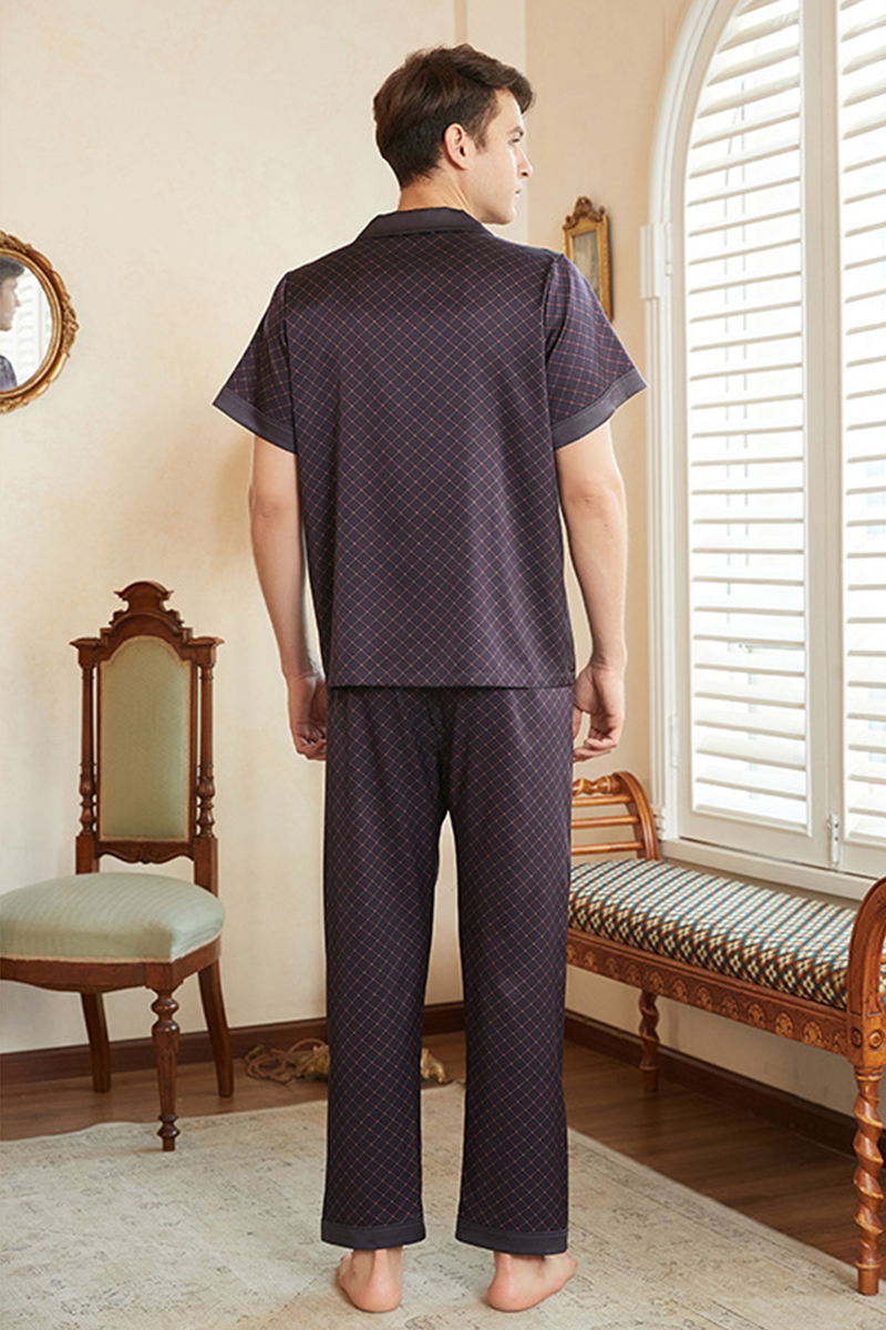 Men's 19 Momme 92% Mulberry Silk Pajama Set, New Plaid Short Sleeve Top & Long Pants