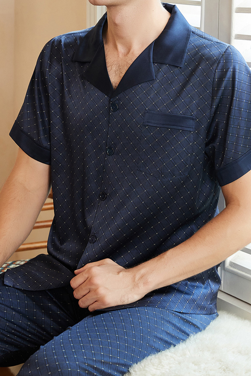 Men's 19 Momme 92% Mulberry Silk Pajama Set, New Plaid Short Sleeve Top & Long Pants