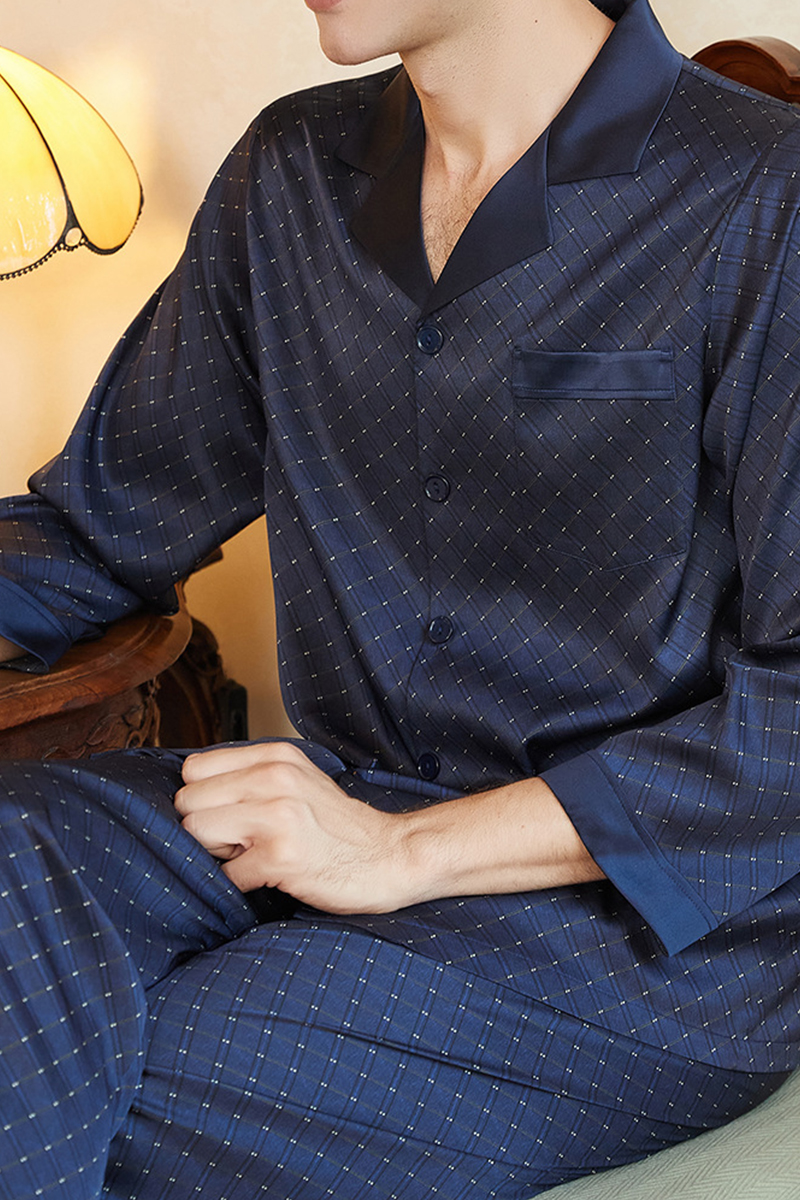 Men's 19 Momme 92% Mulberry Silk Pajama Set, New Plaid Short Sleeve Top & Long Pants