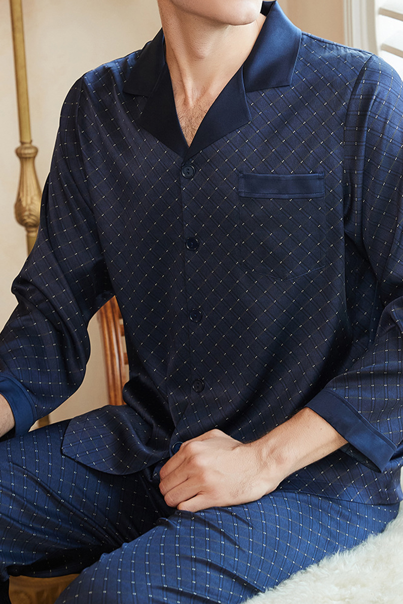 Men's 19 Momme 92% Mulberry Silk Pajama Set, New Plaid Short Sleeve Top & Long Pants